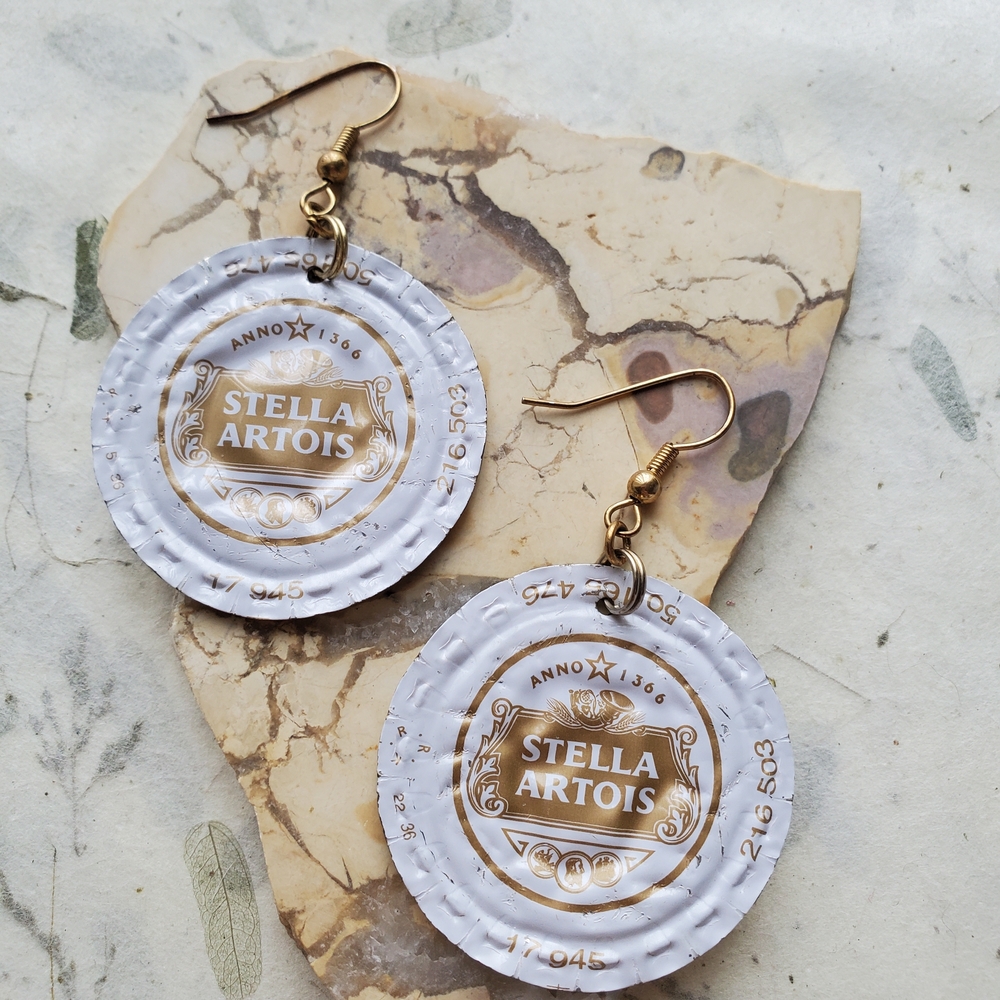 Handmade Stella Artois Belgian Beer Bottle Cap Earrings